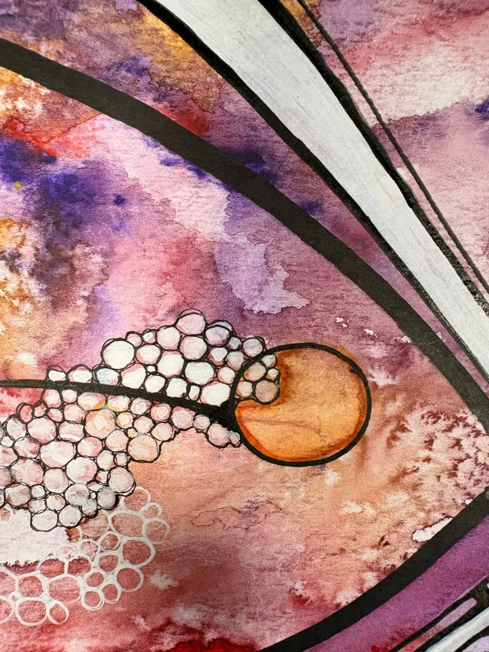 Détail de l'aquarelle aux teintes chaudes réalisée par Martine Giguère