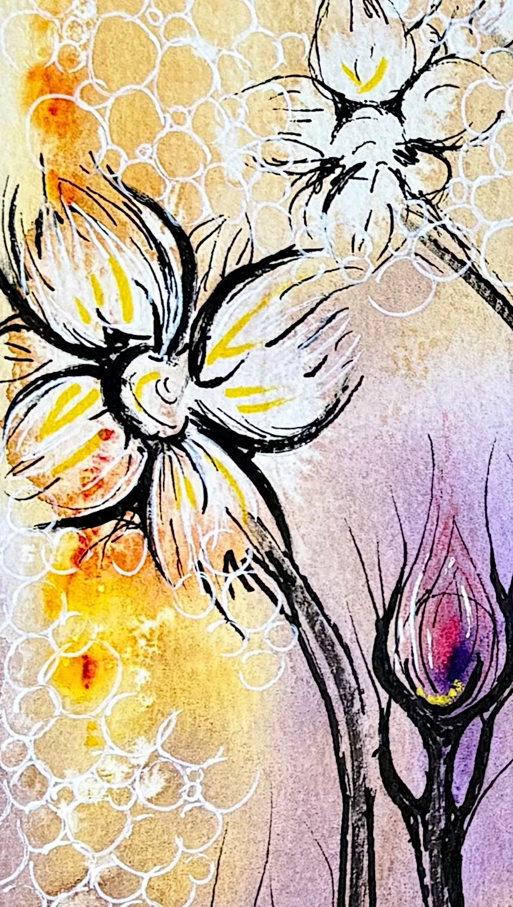 Détail de l'aquarelle violet et jaune réalisée par Martine Giguère