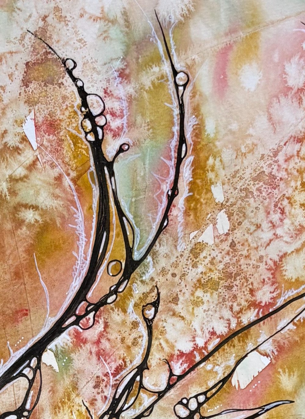 Détail de l'aquarelle orange et vert réalisée par Martine Giguère