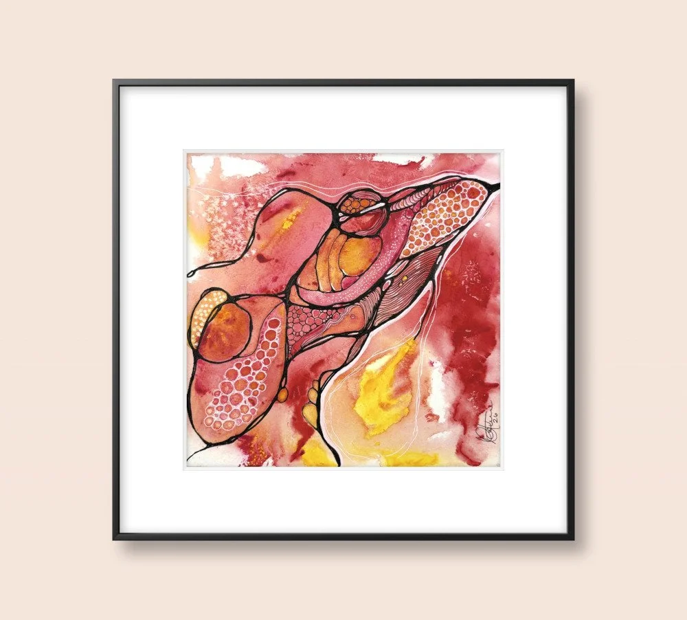 Exemple de cadre de l'aquarelle aux tons de rouge réalisée par Martine Giguère