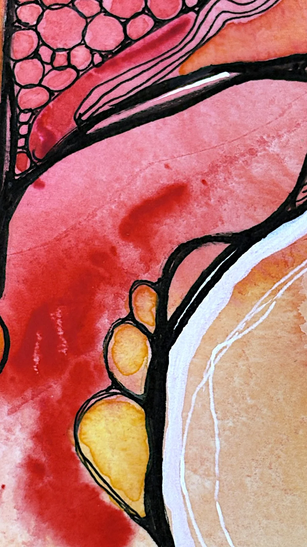Détail de l'aquarelle aux tons de rouge réalisée par Martine Giguère