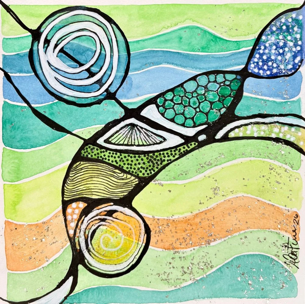 Aquarelle abstraite aux tons jaunes et verts - Martine Giguère