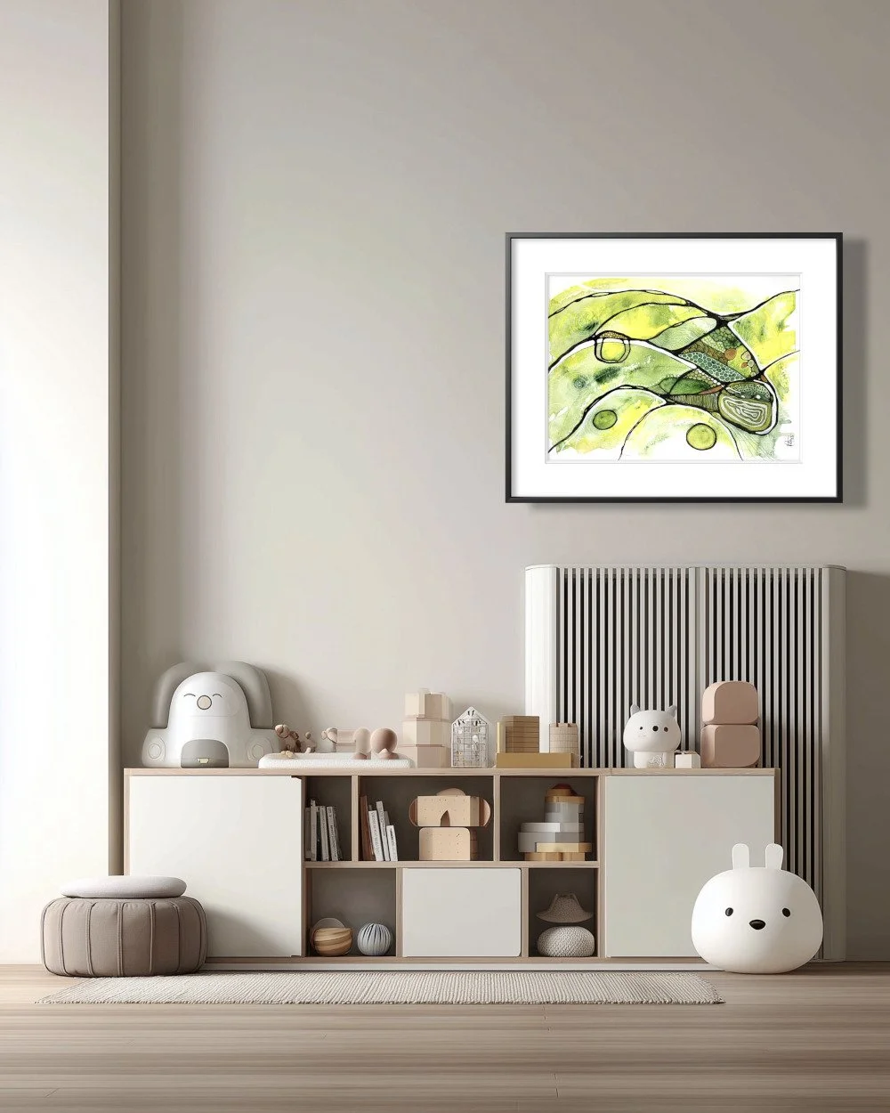 Exemple de décorde l'aquarelle aux teintes jaune et vert réalisée par Martine Giguère