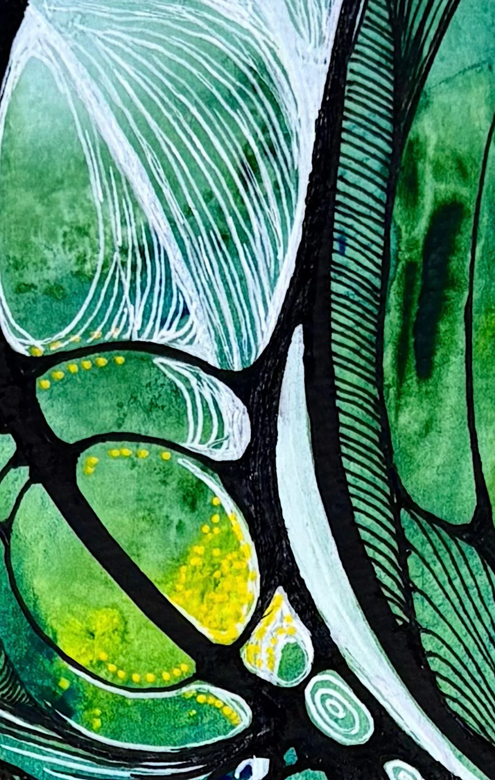 Détail de l'aquarelle jaune et vert réalisée par Martine Giguère