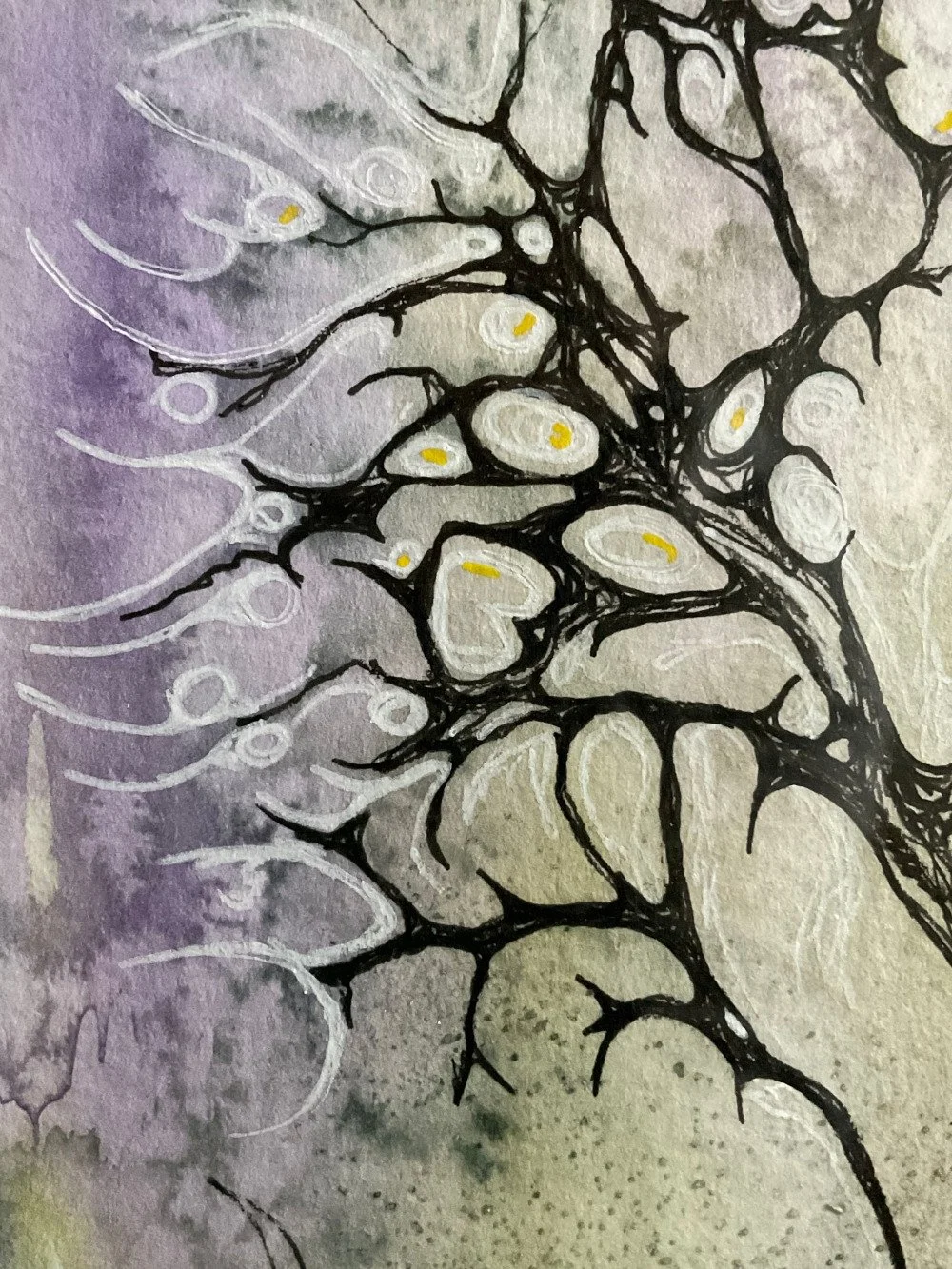 Détail de l'aquarelle violet et vert réalisée par Martine Giguère