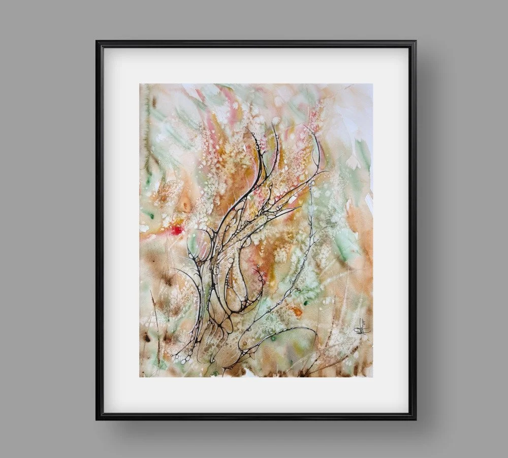 Exemple de cadre de l'aquarelle orange et vert réalisée par Martine Giguère