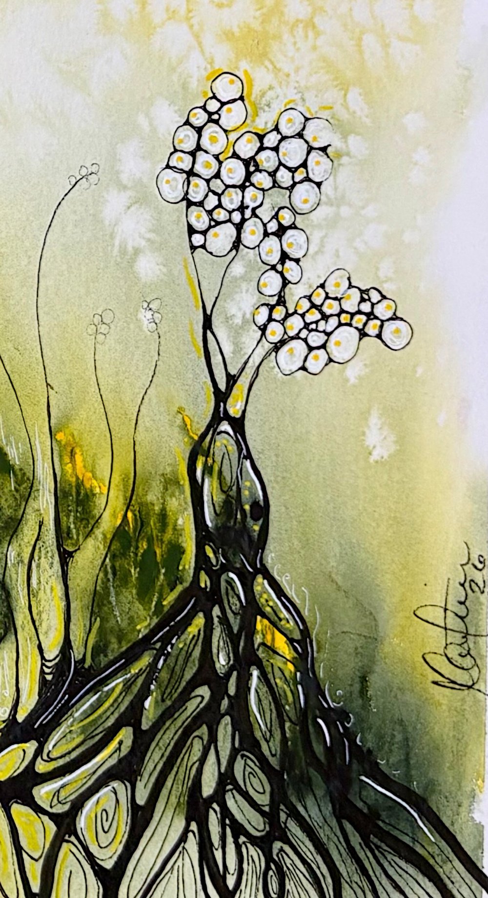 Détail de l'aquarelle vert et jaune réalisée par Martine Giguère