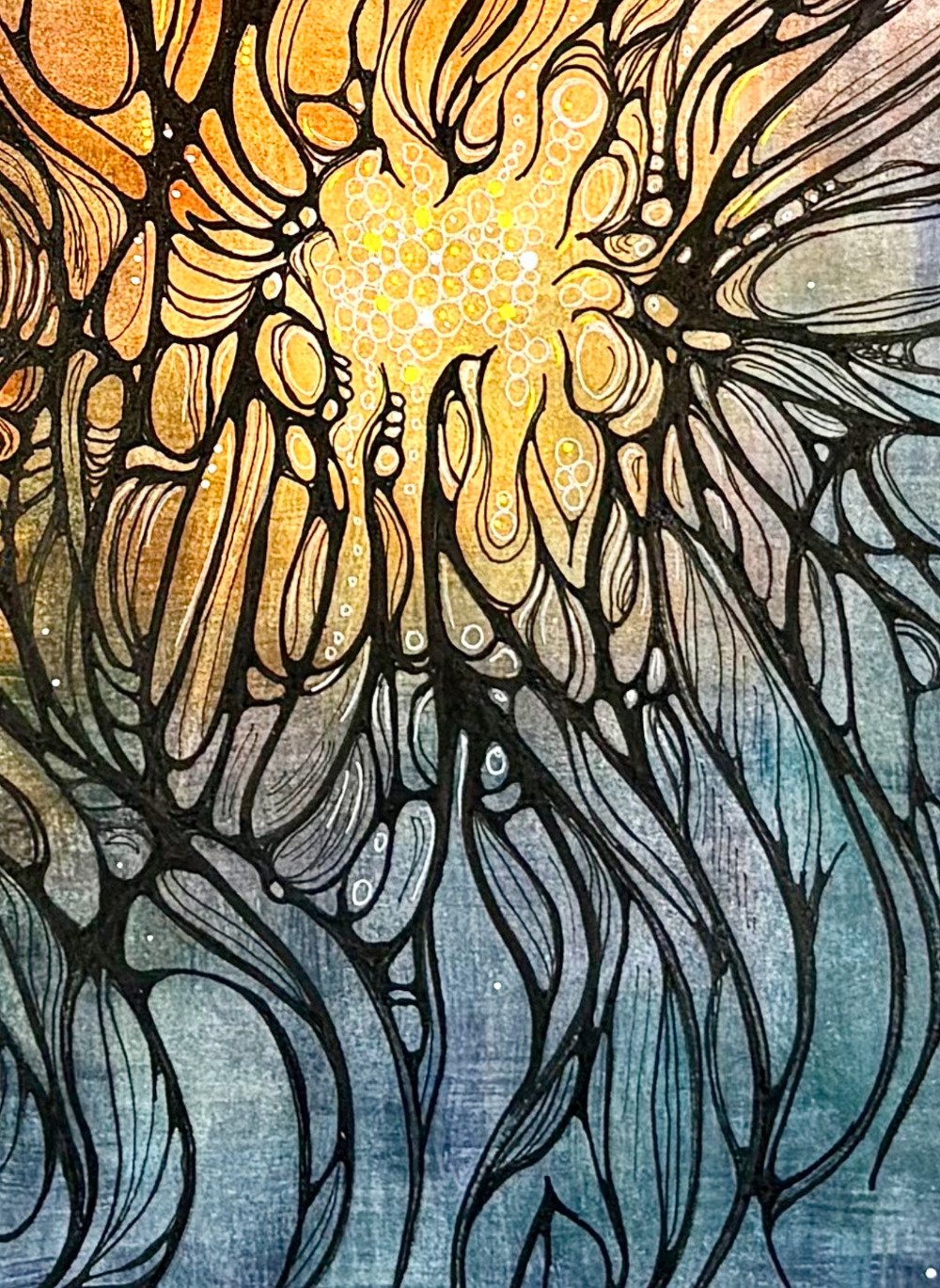 Détail de l'aquarelle aux couleurs vives réalisée par Martine Giguère