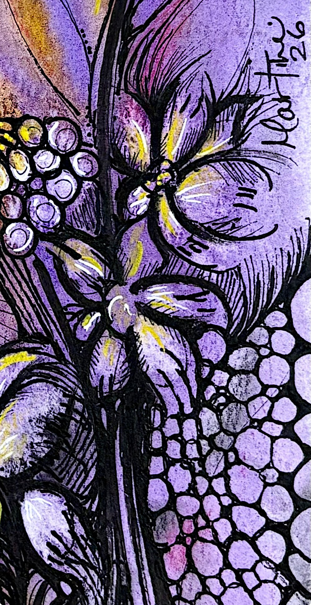 Détail de l'aquarelle violet et jaune réalisée par Martine Giguère