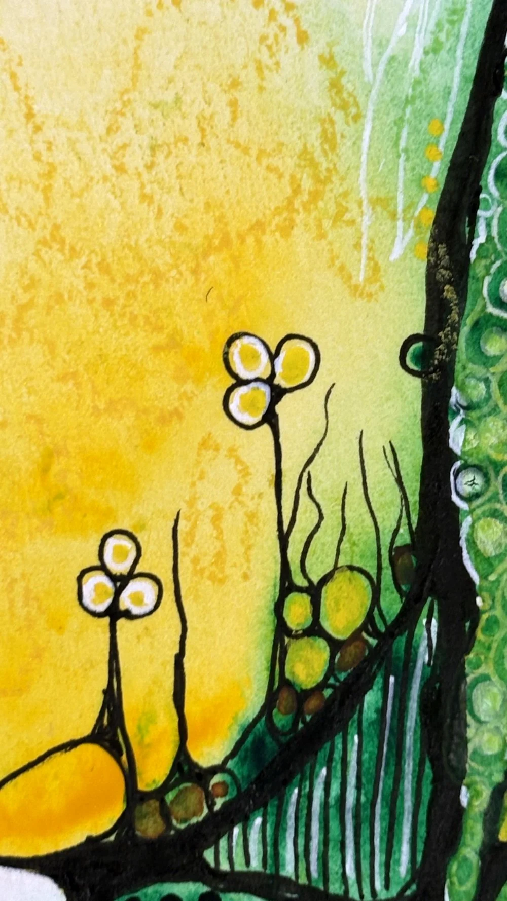 Détail de l'aquarelle aux teintes jaune et vert réalisée par Martine Giguère