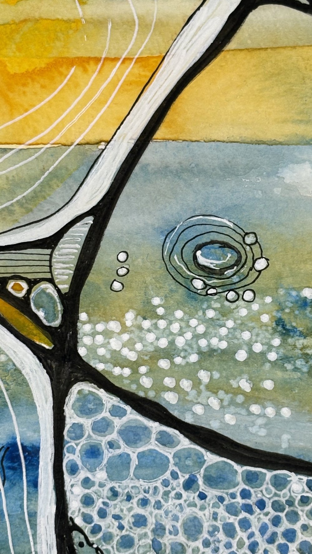 Détail de l'aquarelle aux tons de jaune et bleu réalisée par Martine Giguère