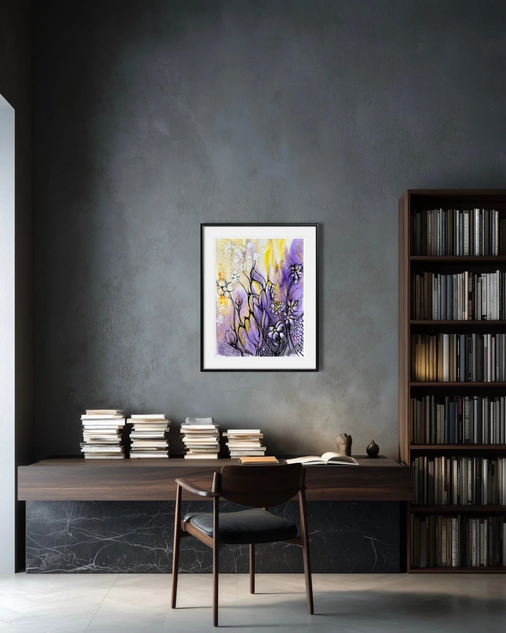 Exemple de décor de l'aquarelle violet et jaune réalisée par Martine Giguère