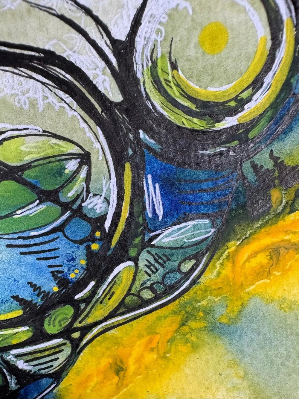Détail de l'aquarelle aux tons jaunes et bleus réalisée par Martine Giguère