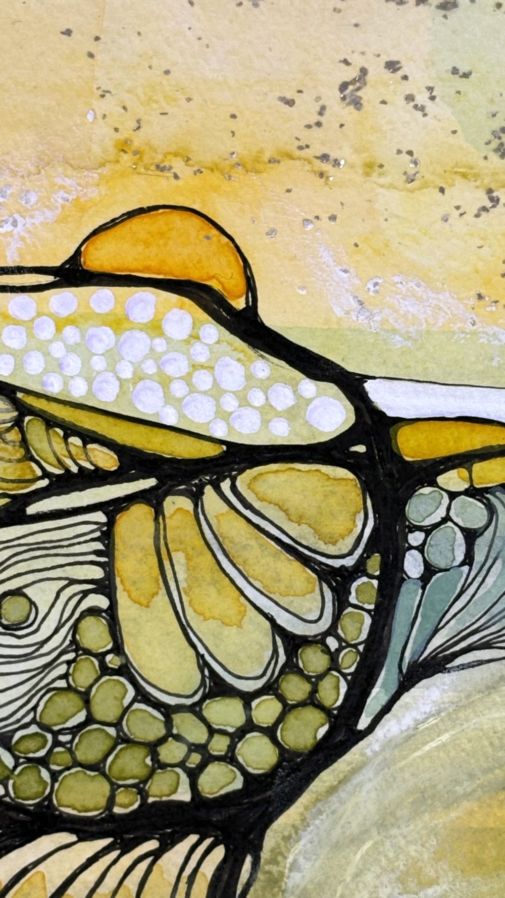 Détail de l'aquarelle aux couleurs jaunes créé par Martine Giguère