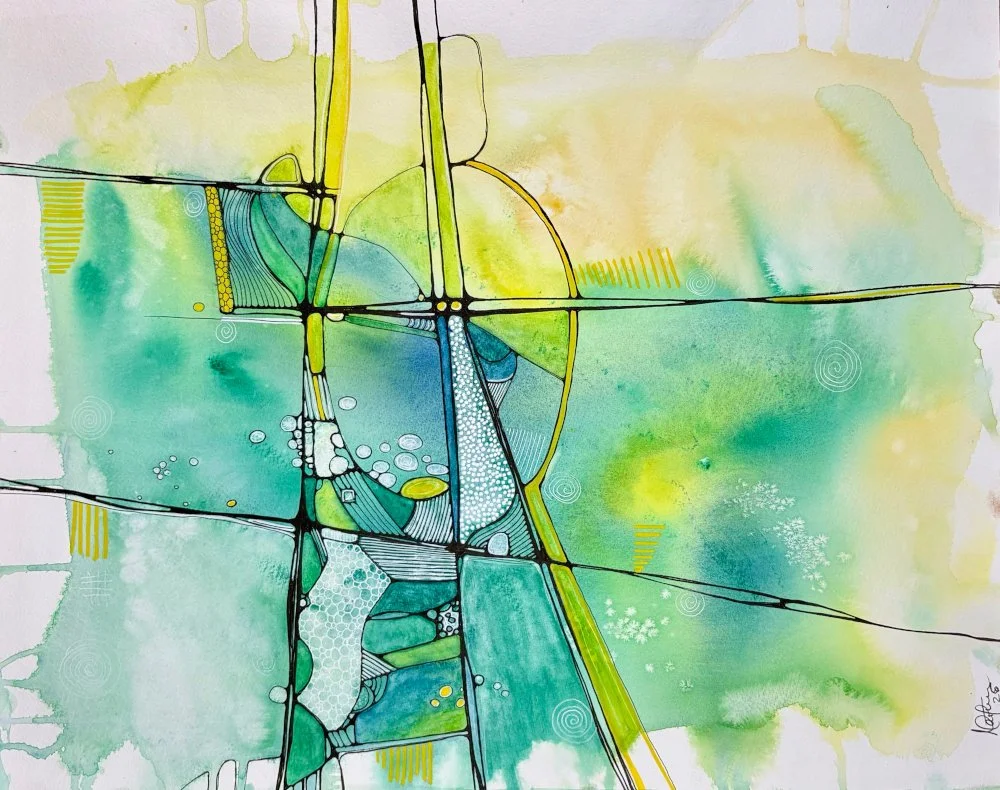 Aquarelle abstraite aux tons jaunes et verts - Martine Giguère