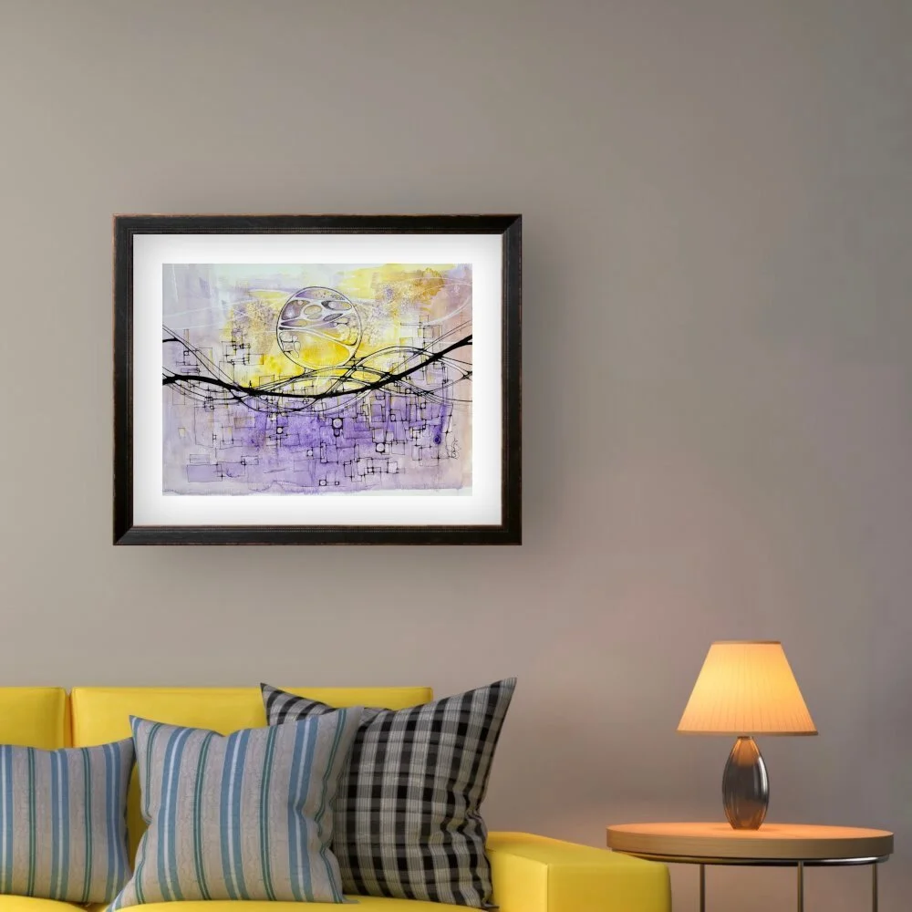 Exemple de décor de l'aquarelle jaune et violet réalisée par Martine Giguère