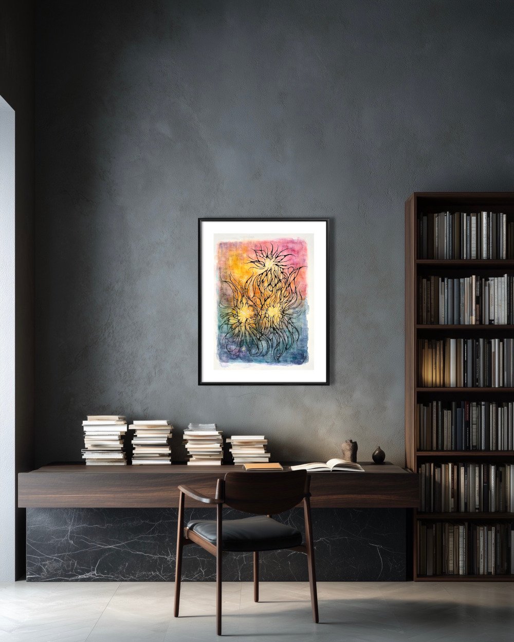 Exemple de décor de l'aquarelle aux couleurs vives réalisée par Martine Giguère