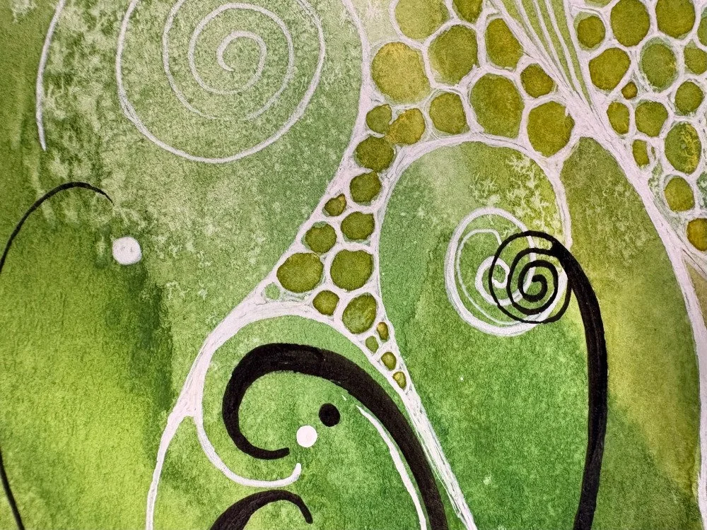 Détail de l'aquarelle aux teintes printanières réalisée par Martine Giguère