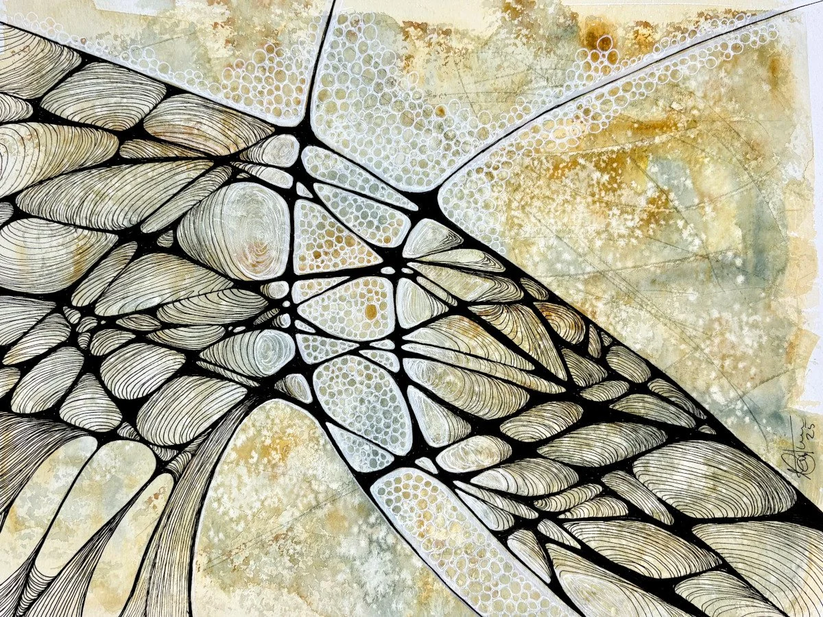 Aquarelle abstraite jaune vert et noire - Martine Giguère