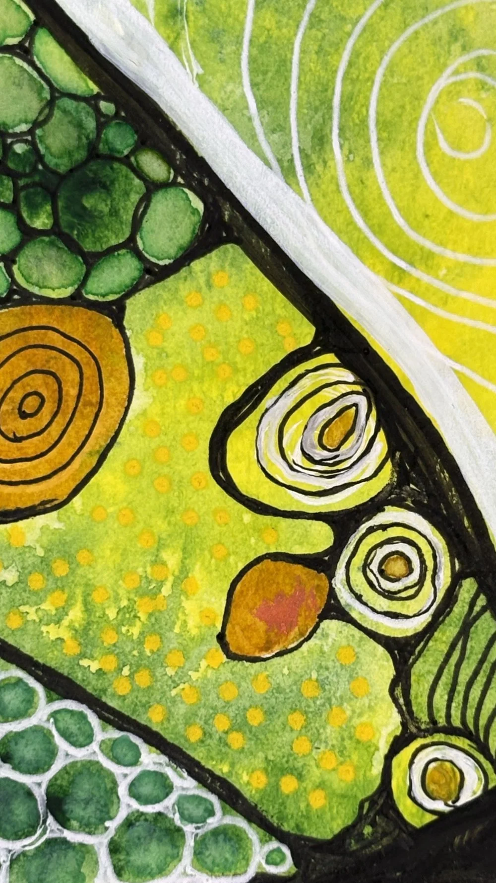 Détail de l'aquarelle aux teintes jaune et vert réalisée par Martine Giguère