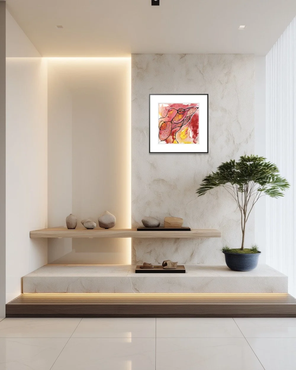 Exemple de décor de l'aquarelle aux tons de rouge réalisée par Martine Giguère