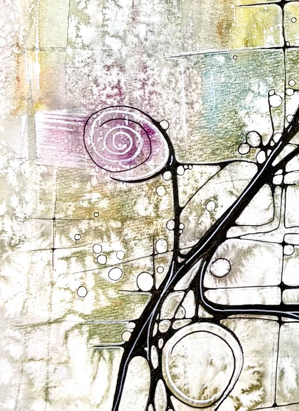 Détail de l'aquarelle de couleurs douces réalisée par Martine Giguère