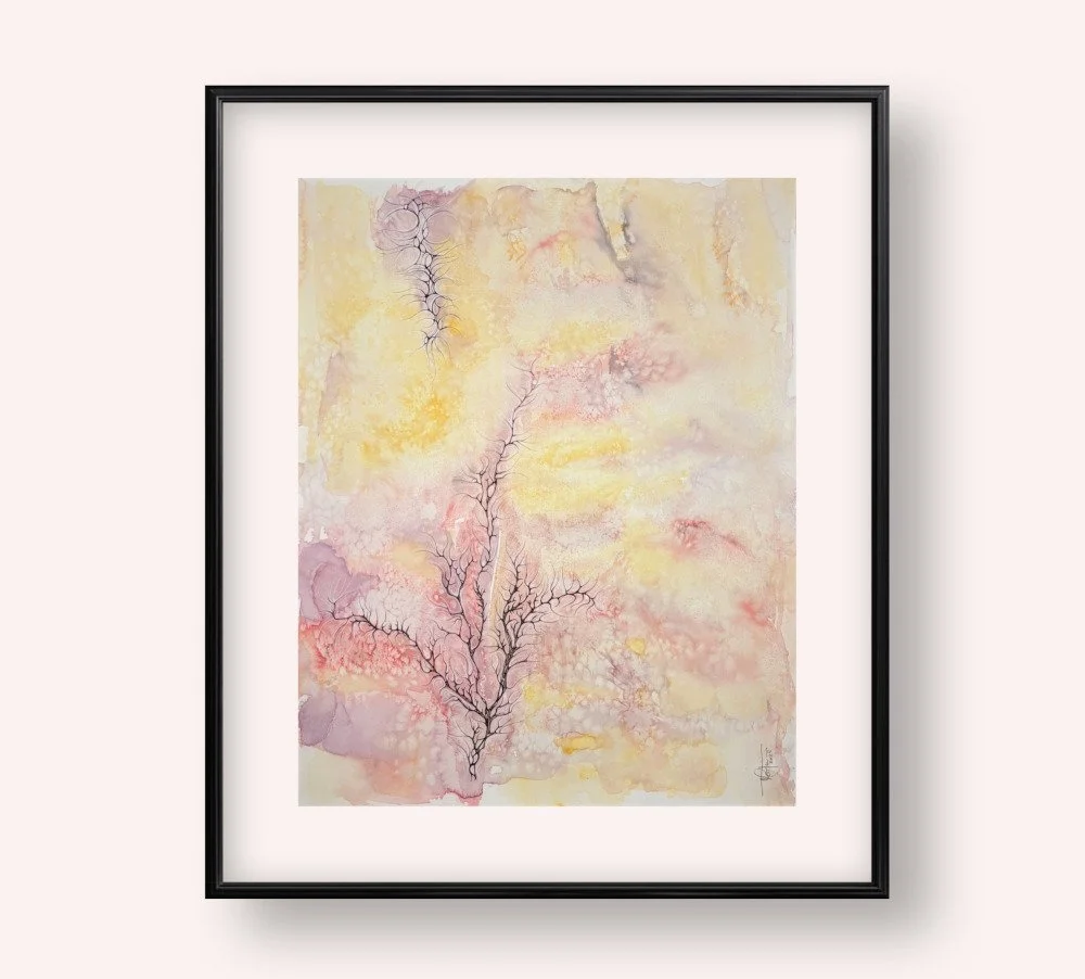 Exemple de cadre de l'aquarelle rose et jaune réalisée par Martine Giguère