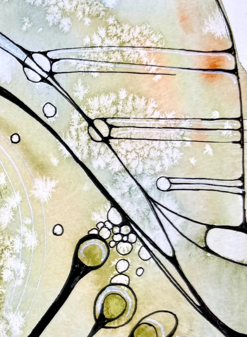 Détail de l'aquarelle jaune et vert réalisée par Martine Giguère