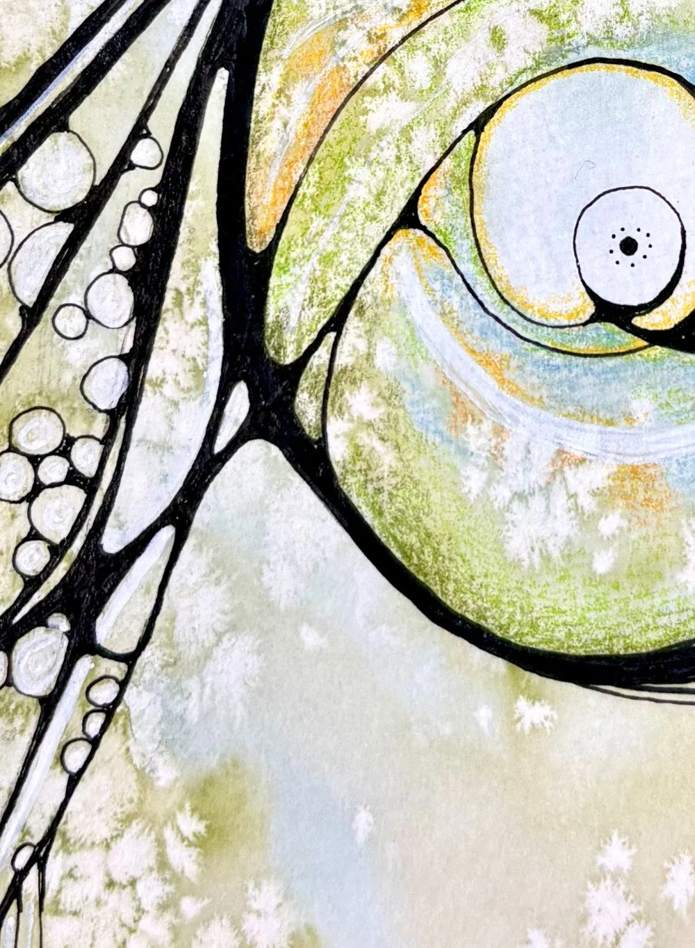 Détail de l'aquarelle jaune et vert réalisée par Martine Giguère