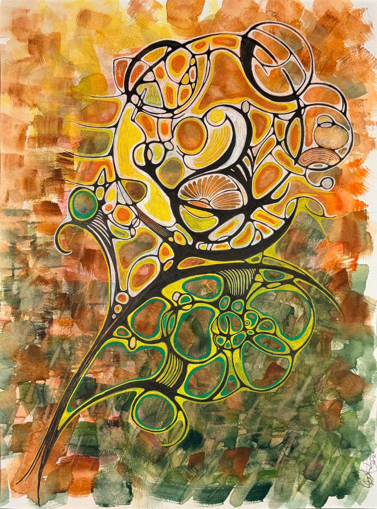 Patchwork de fleurs - aquarelle, encre et acrylique, 12x16, 200$