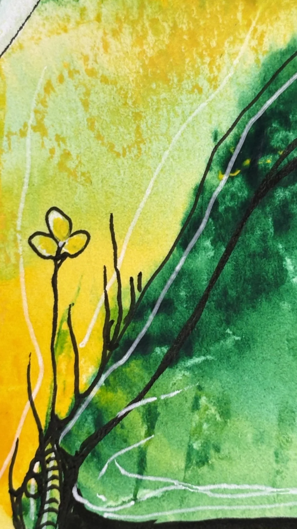 Détail de l'aquarelle aux teintes jaune et vert réalisée par Martine Giguère