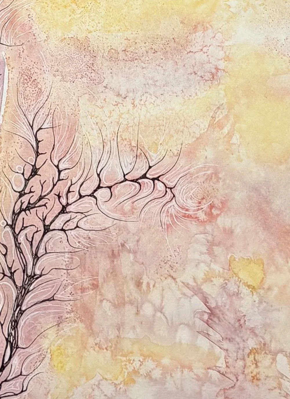 Détail de l'aquarelle rose et jaune réalisée par Martine Giguère
