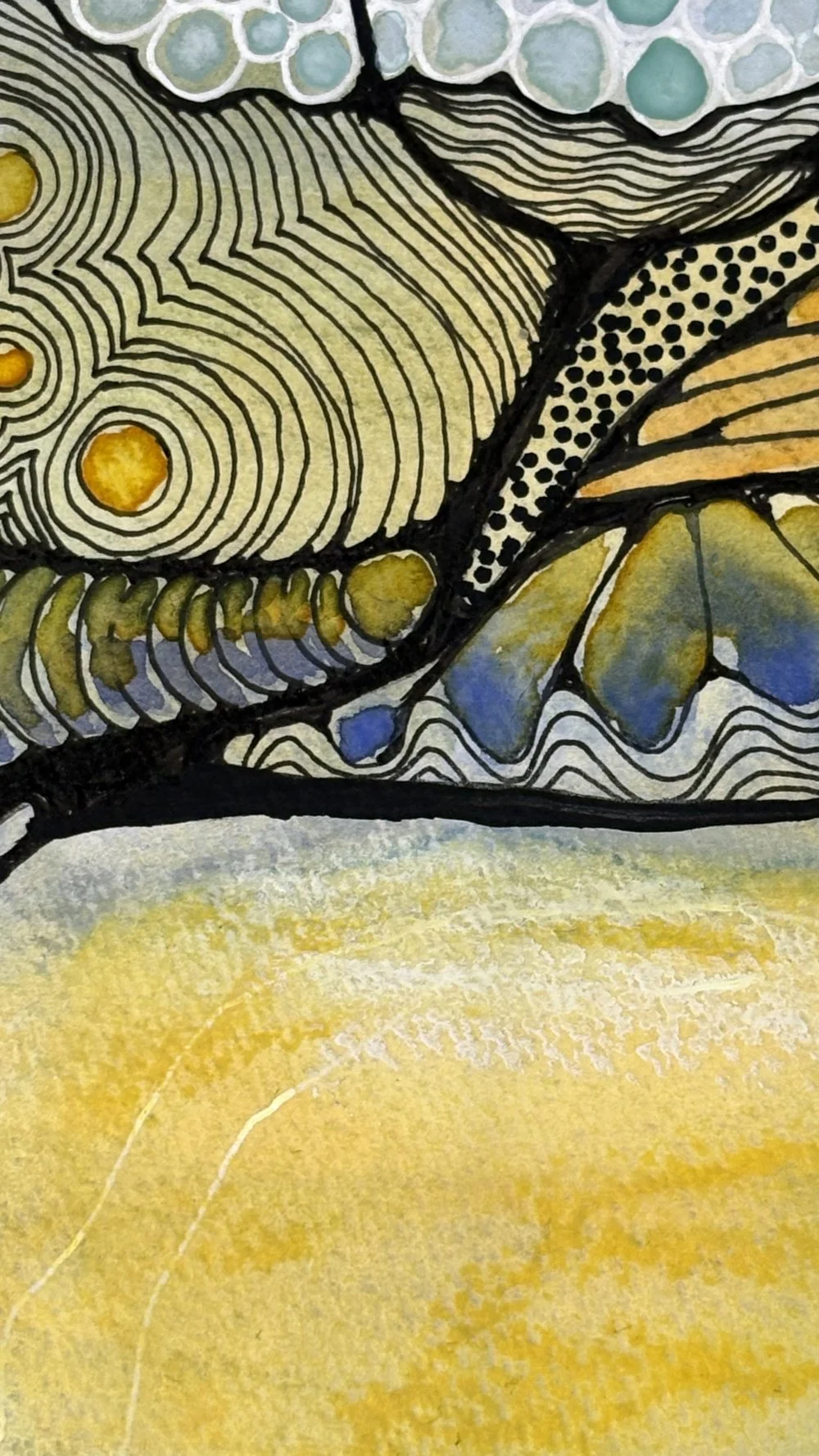 Détail de l'aquarelle aux couleurs jaunes créé par Martine Giguère