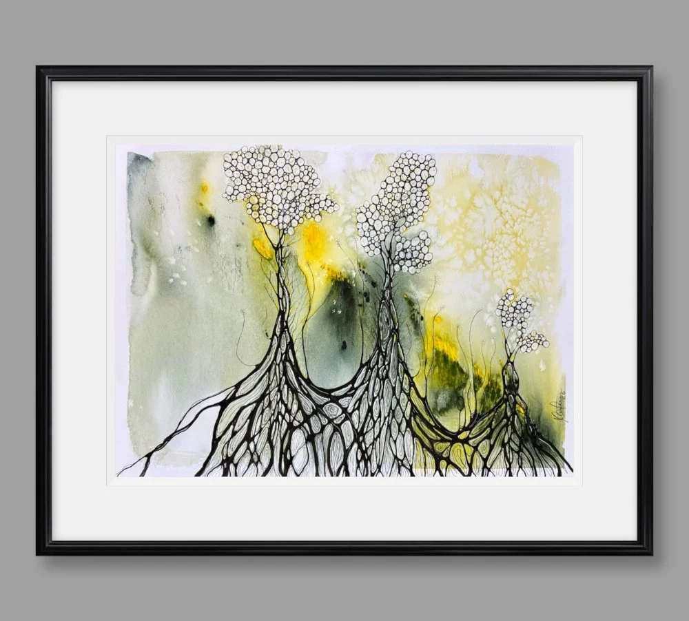 Exemple de cadre de l'aquarelle vert et jaune réalisée par Martine Giguère