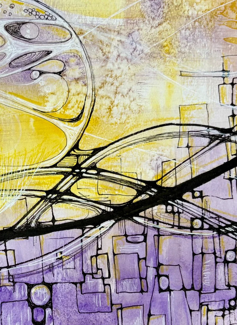 Détail de l'aquarelle jaune et violet réalisée par Martine Giguère