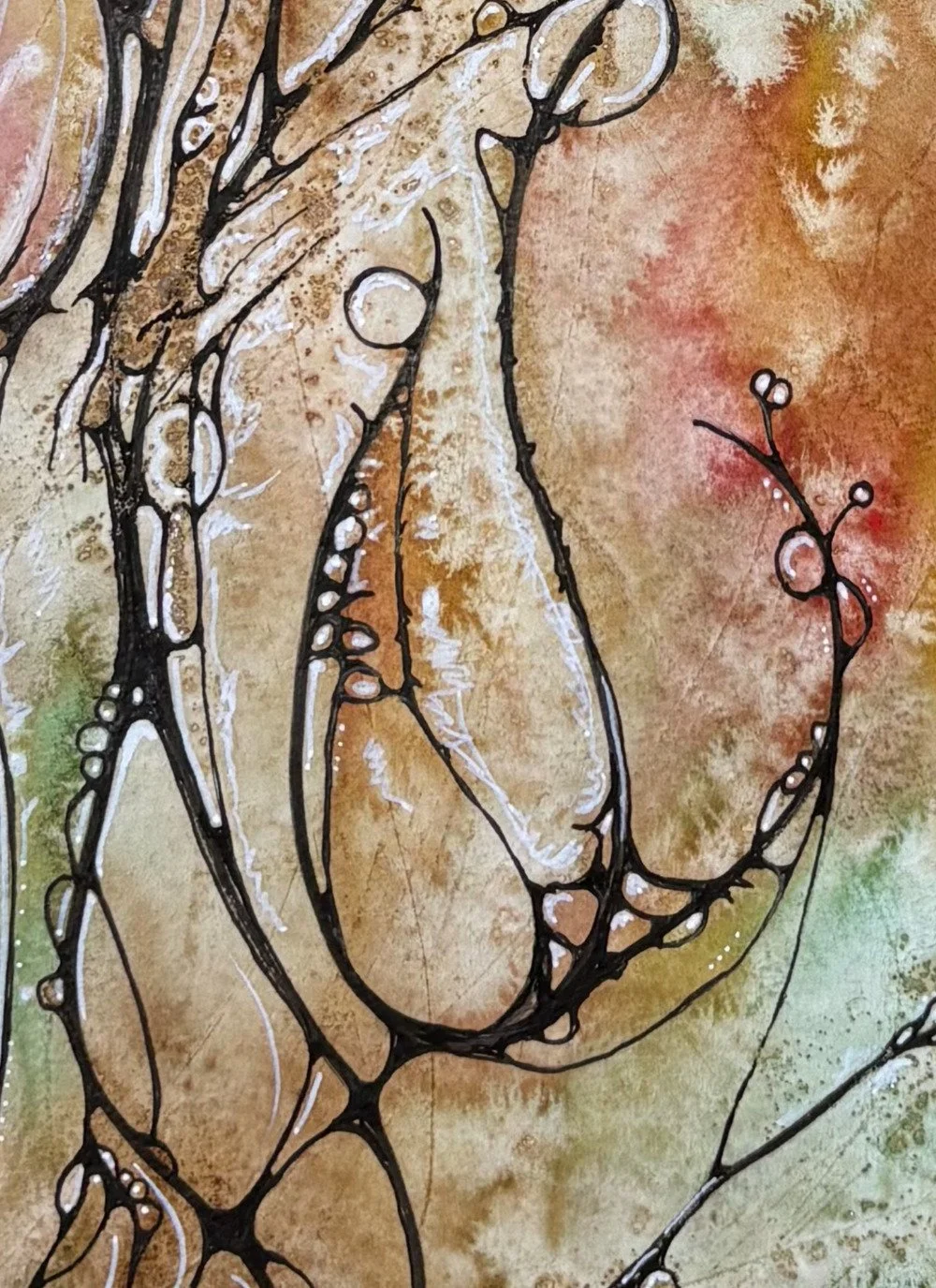 Détail de l'aquarelle orange et vert réalisée par Martine Giguère