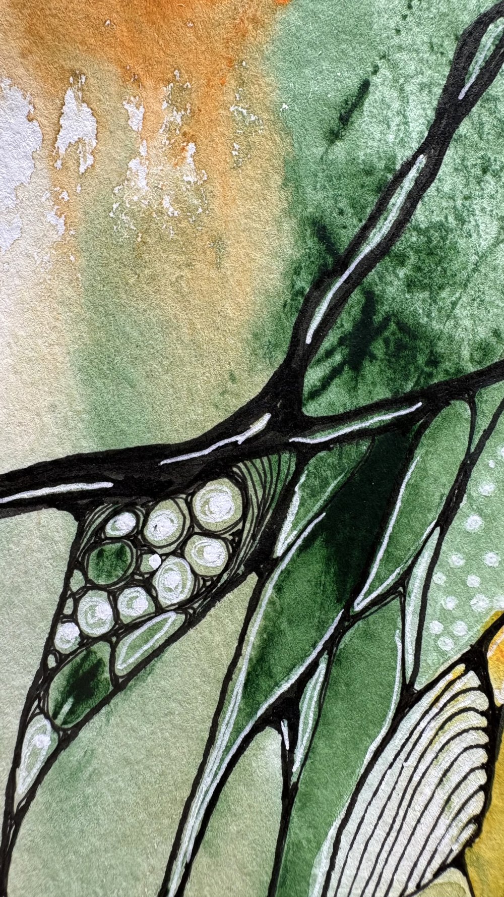 Détail de l'aquarelle aux teintes jaune et vert réalisée par Martine Giguère