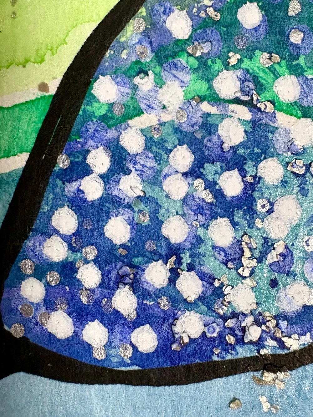Détail de l'aquarelle aux tons aquatiques réalisée par Martine Giguère