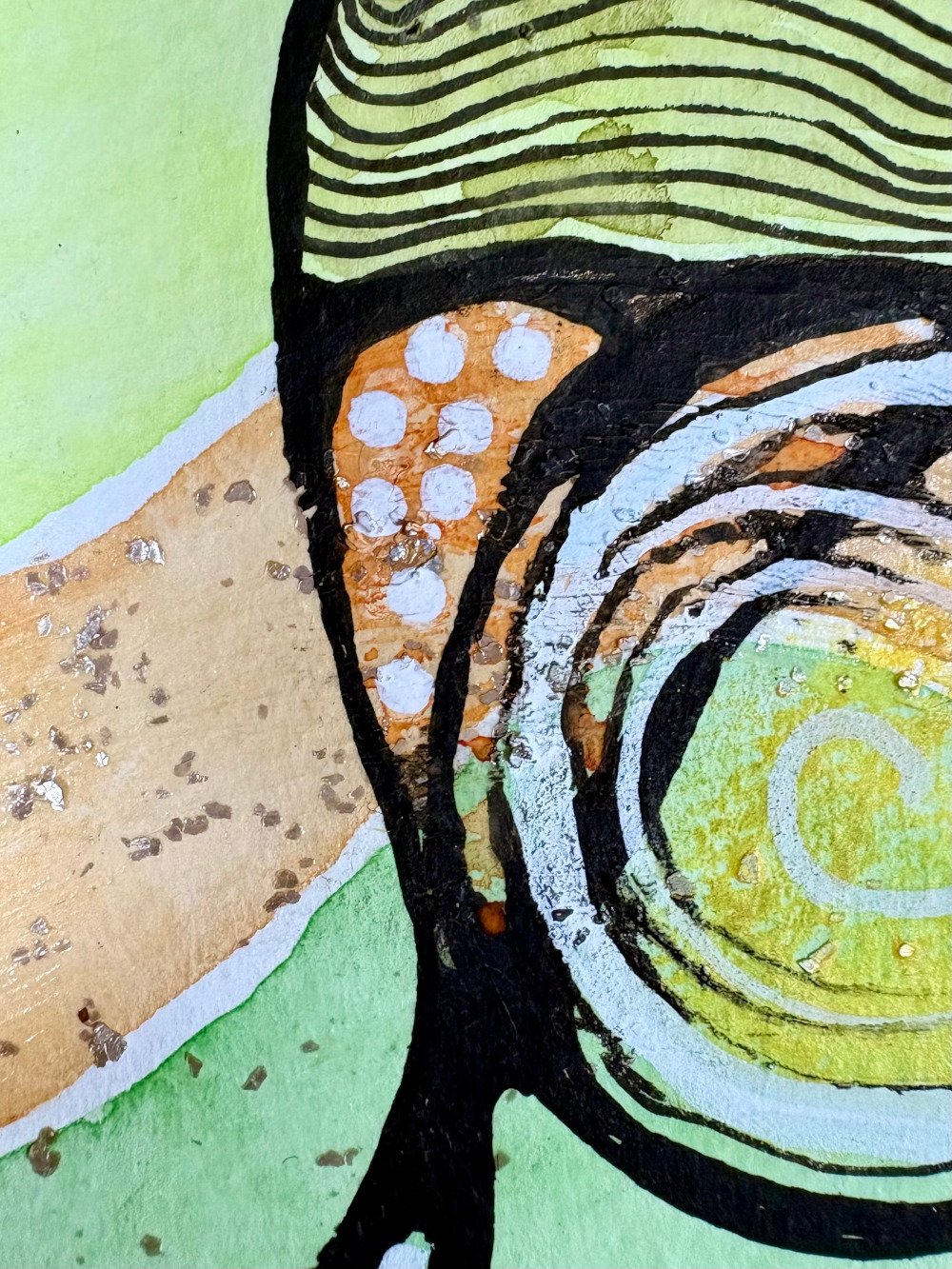 Détail de l'aquarelle aux tons aquatiques réalisée par Martine Giguère