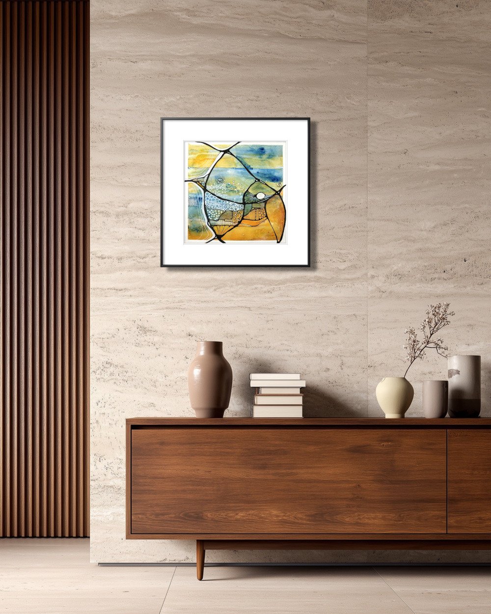 Exemple de décor de l'aquarelle aux tons de jaune et bleu réalisée par Martine Giguère