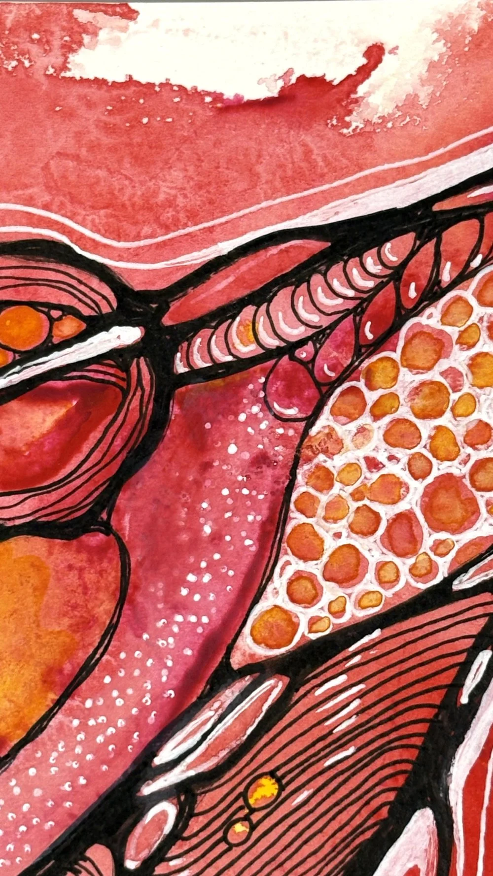 Détail de l'aquarelle aux tons de rouge réalisée par Martine Giguère