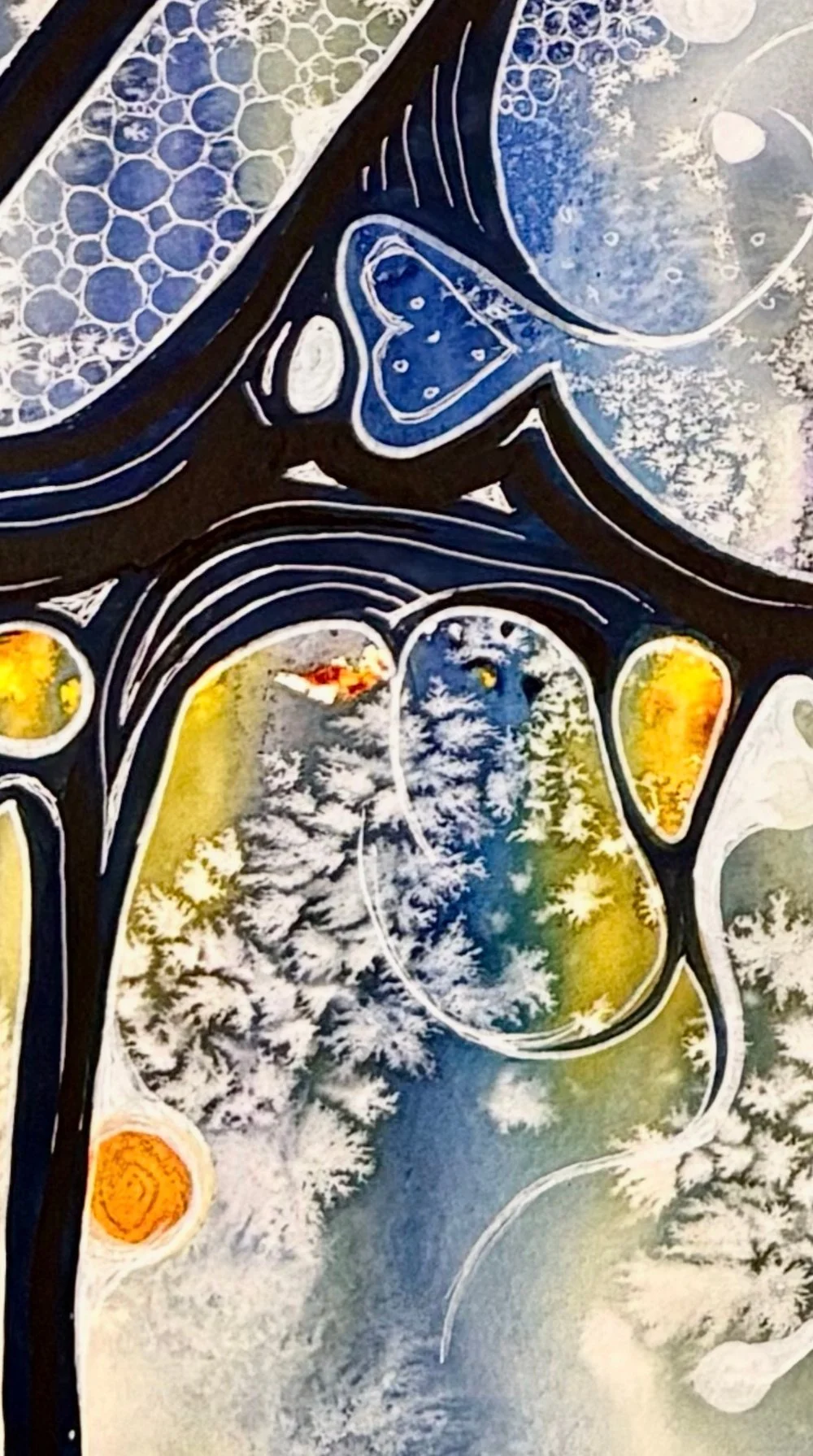 Détail de l'aquarelle aux couleurs vives créé par Martine Giguère