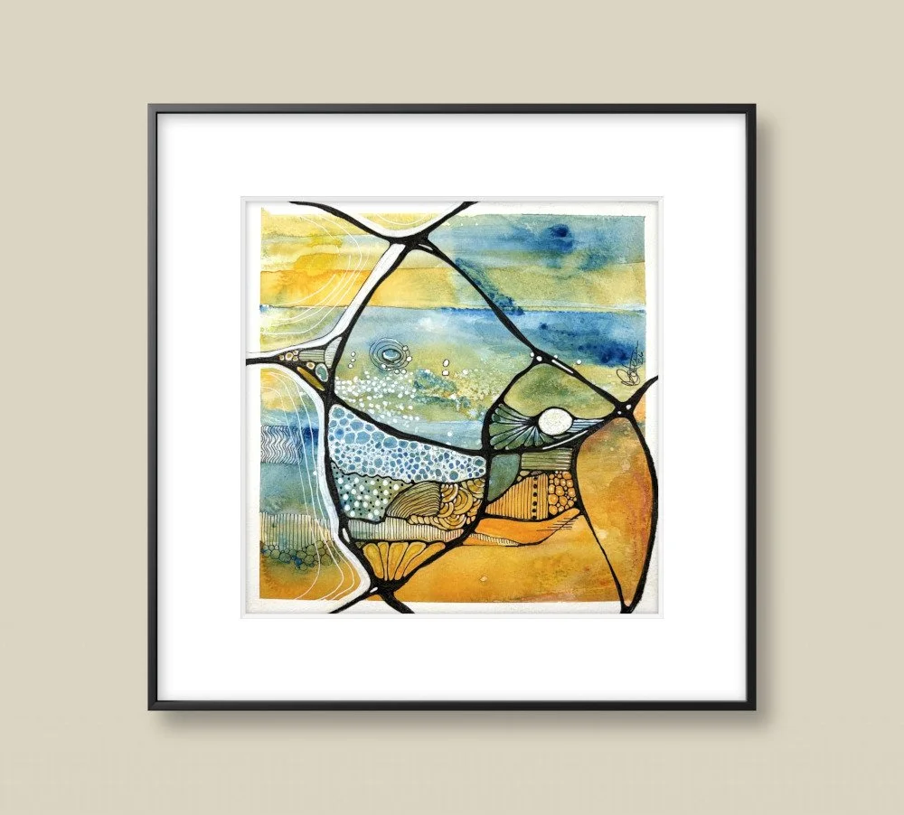 Exemple de cadre de l'aquarelle aux tons de jaune et bleu réalisée par Martine Giguère