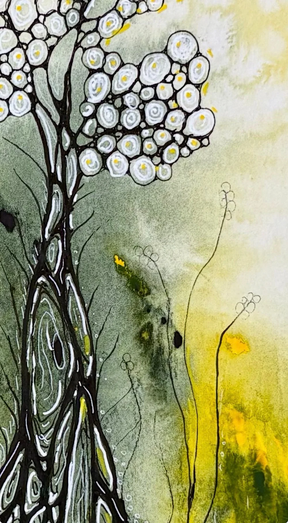Détail de l'aquarelle vert et jaune réalisée par Martine Giguère