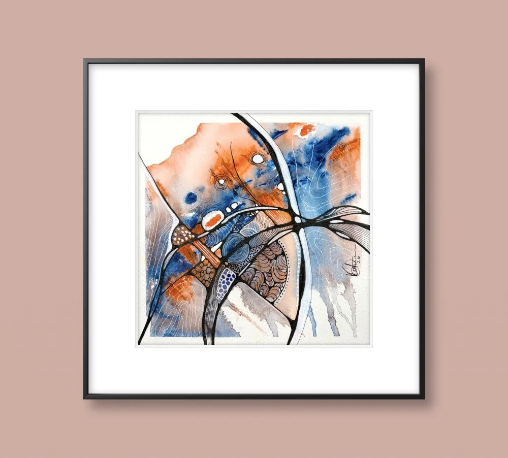 Exemple de cadre de l'aquarelle aux tons de orange et bleu réalisée par Martine Giguère