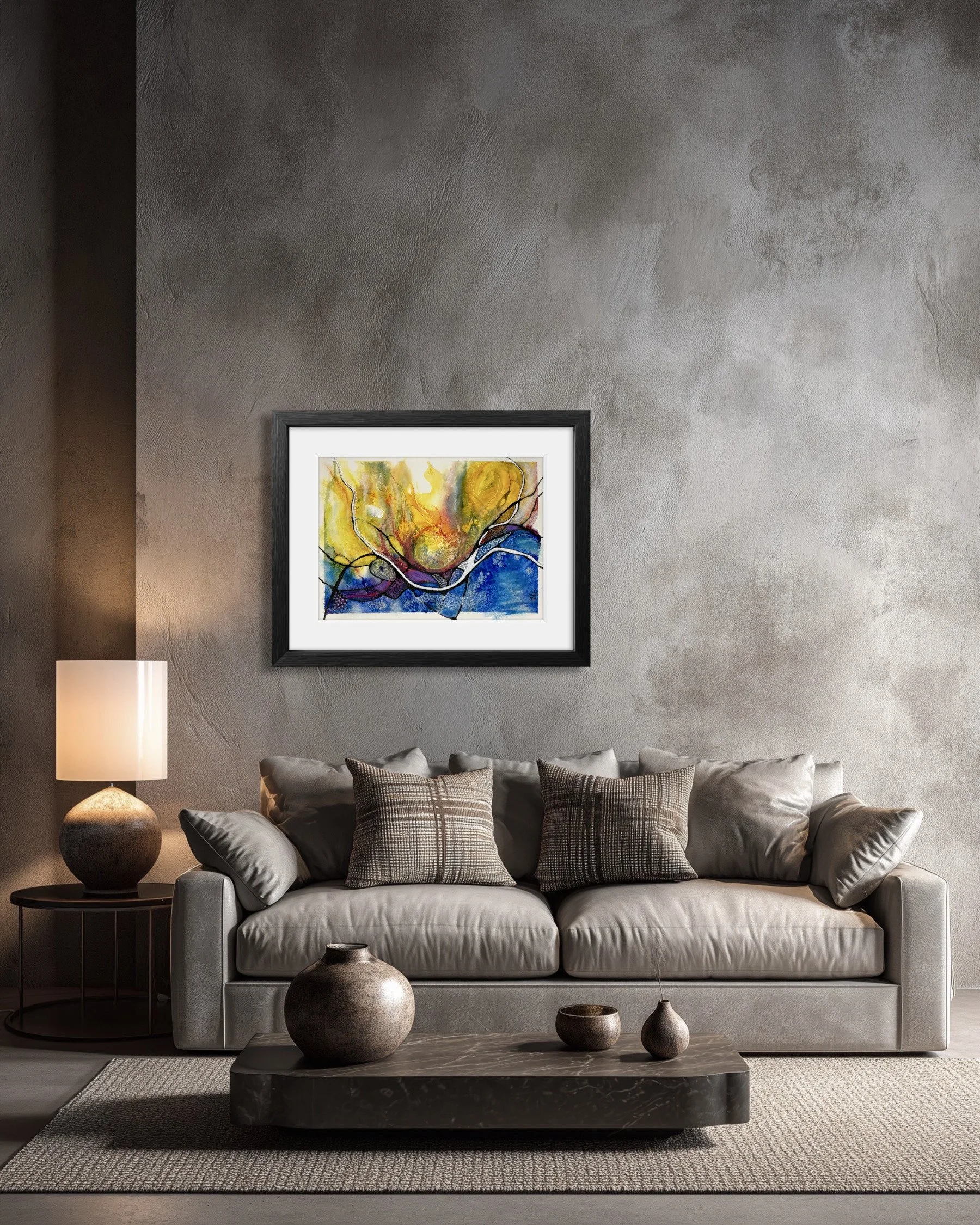 Aquarelle aux teintes jaune et bleu réalisée par Martine Giguère