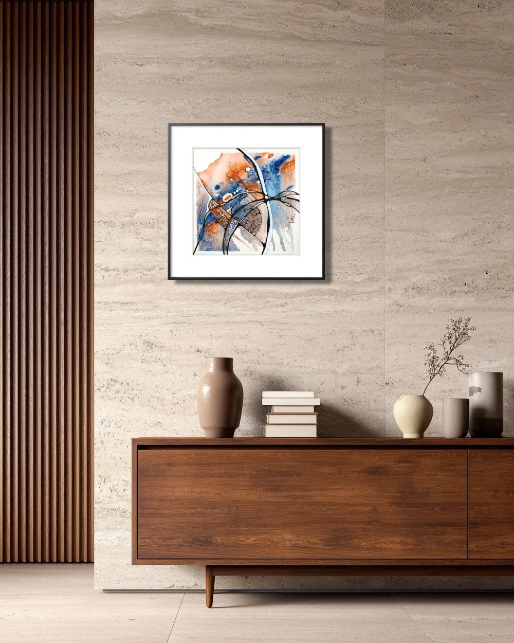 Exemple de décor de l'aquarelle aux tons de orange et bleu réalisée par Martine Giguère