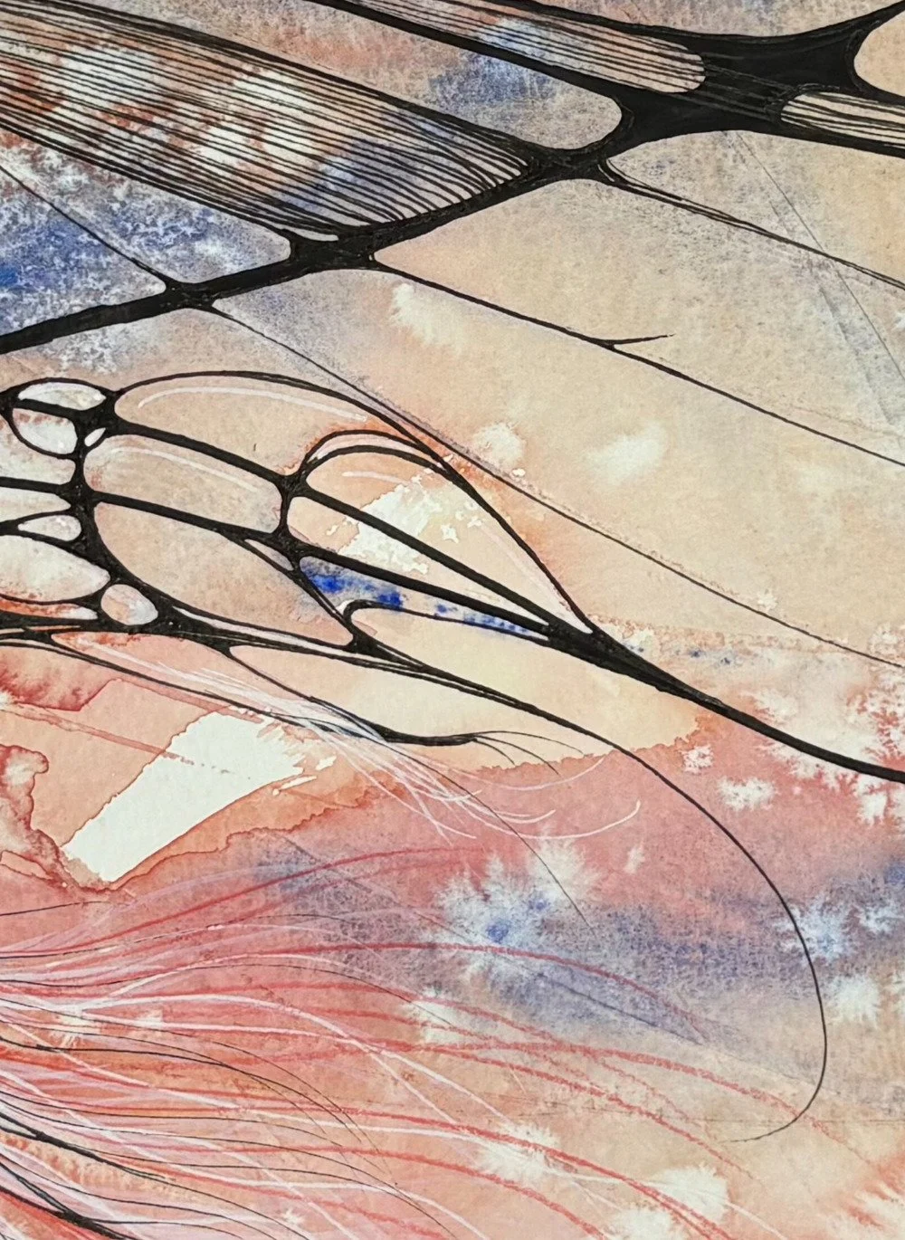 Détail de l'aquarelle rouge et bleu réalisée par Martine Giguère