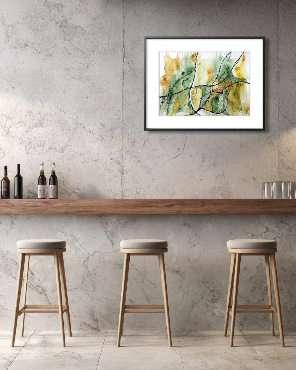 Exemple de décorde l'aquarelle aux teintes jaune et vert réalisée par Martine Giguère
