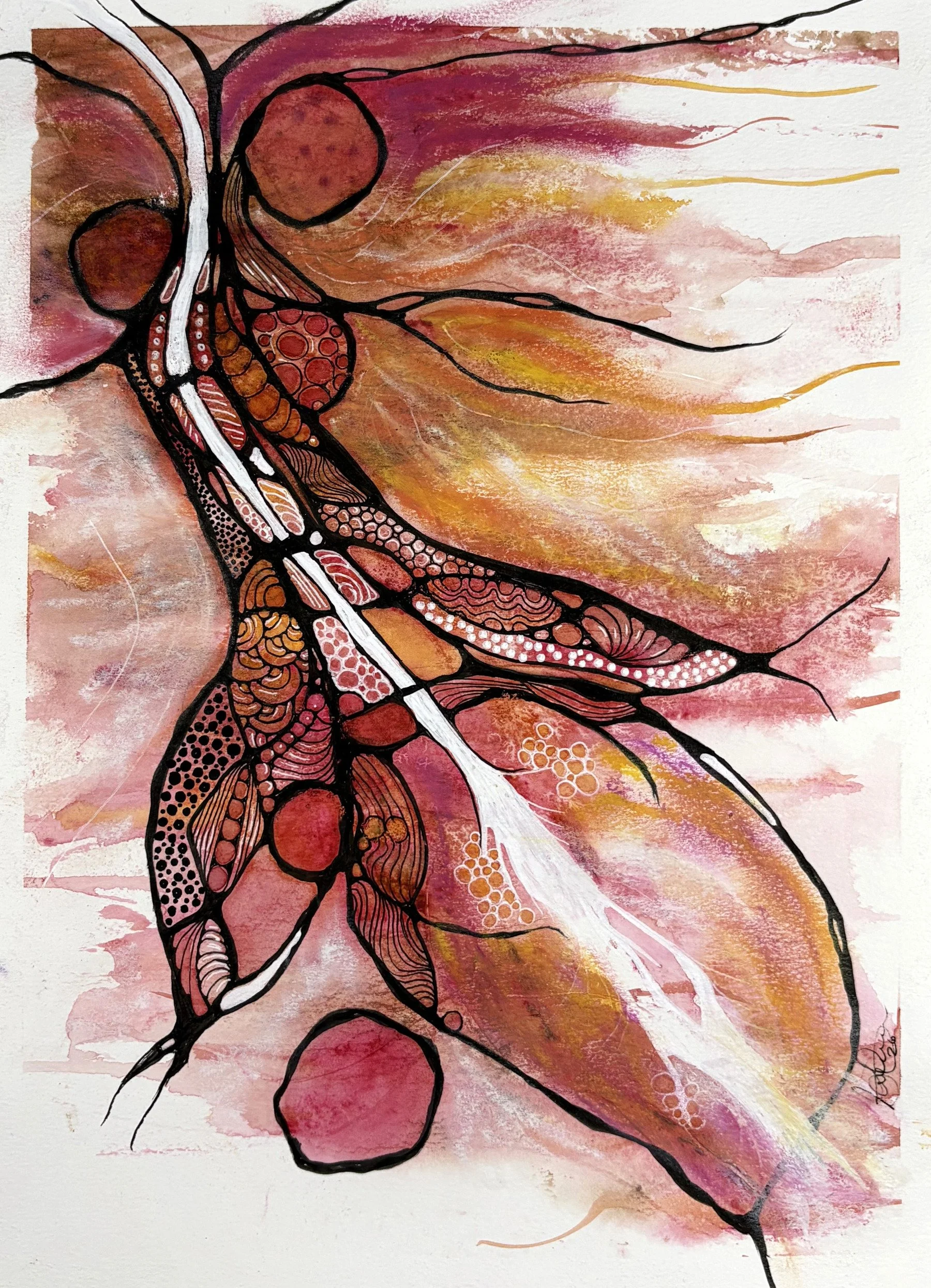 Aquarelle aux teintes rouge et orange réalisée par Martine Giguère